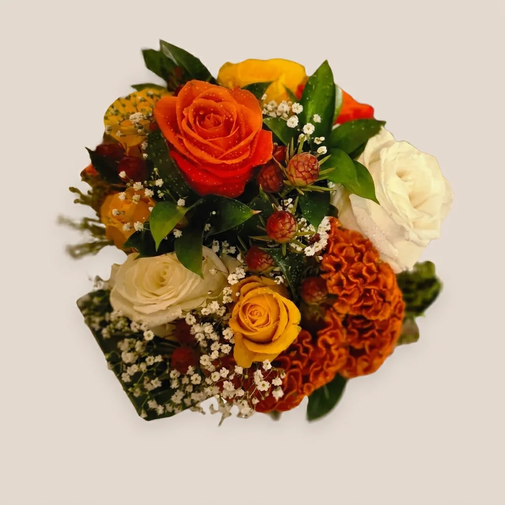 Ramo con rosas naranjas, amarillas y celosia